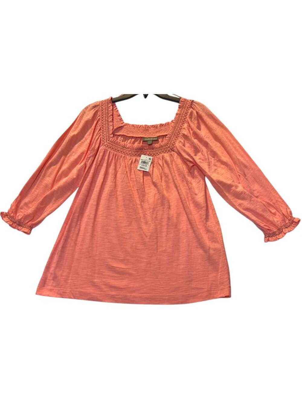 Style & Co Size S Salmon Rose Smocked Peasant Top With 3/4 Sleeves
